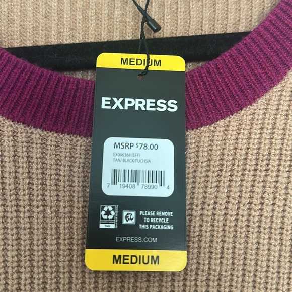 NWT Express Women's Relaxed Sweater Tan/Black/Fuchsia Sz M - Picture 5 of 8
